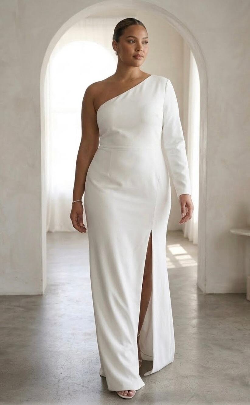 Rihoas White One Shoulder Maxi Dress Size XL Column Skirt High Side Slit